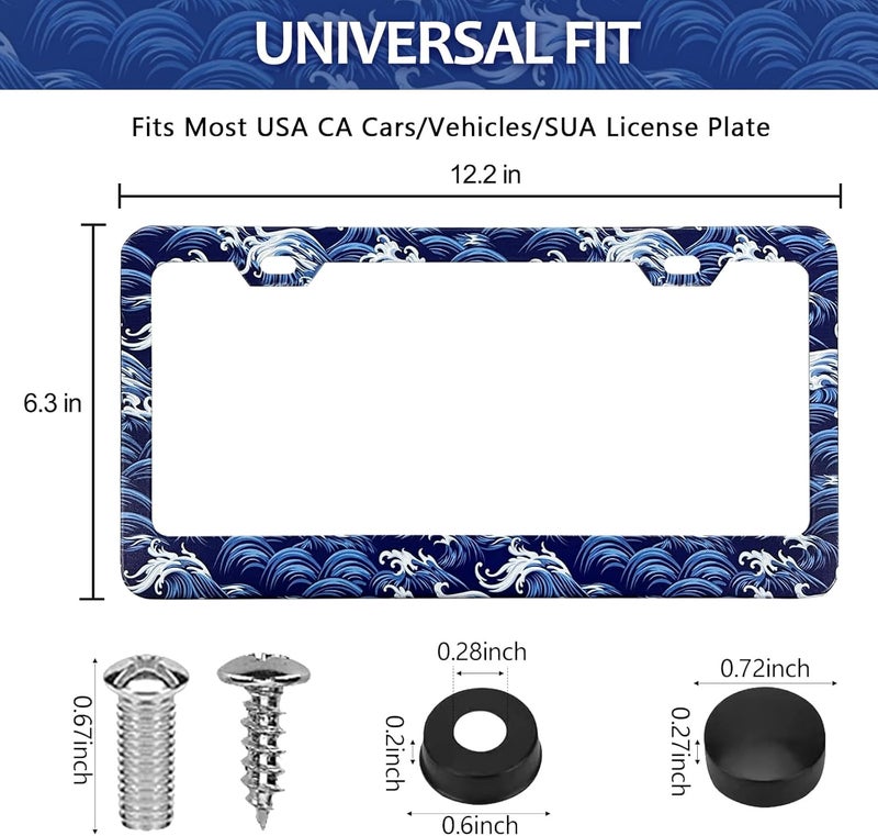 LIN KANG Ocean Waves License Plate Frame - 2 Pack Blue and White Sea Wave Aluminum License Plate Holder Covers, Car Decorative Tag Frames for Standard US Canada 12x6 Inch with Screw Caps - Image 2